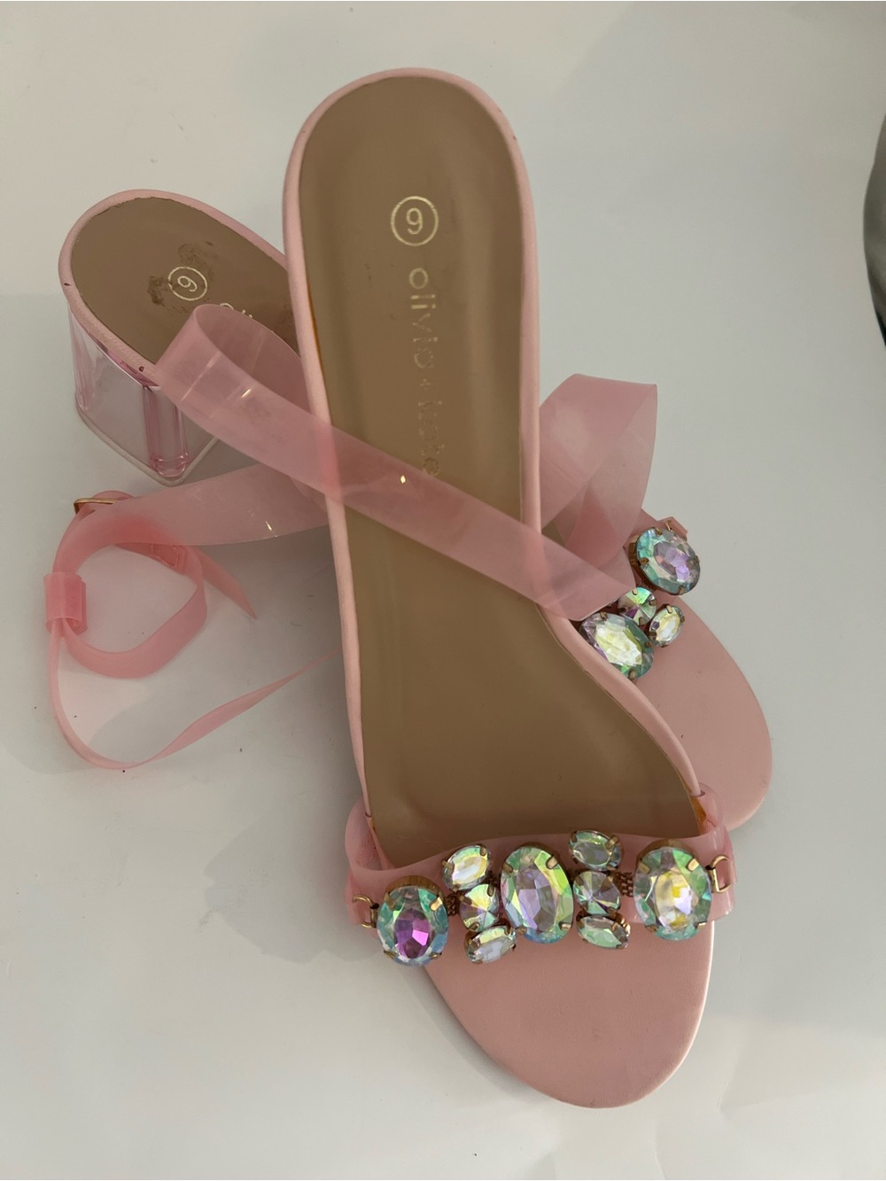 Pink Jewel Embellished Block Heel Sandals with Sheer Ankle Tie